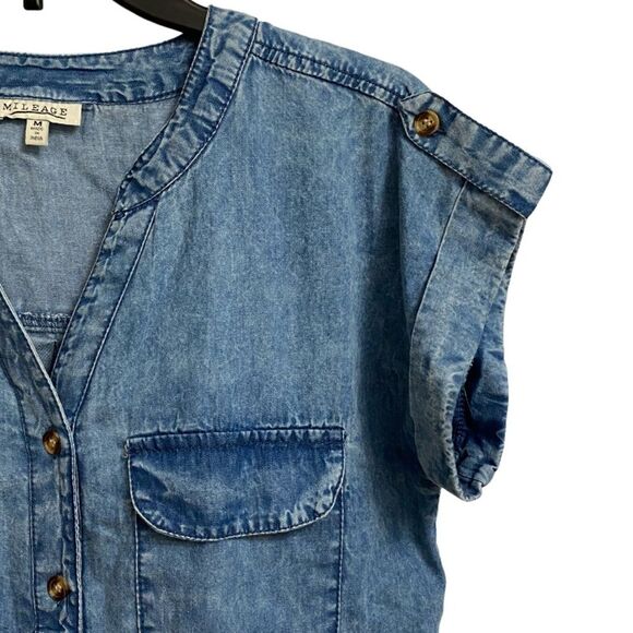 Mileage Women's Button Down Short Sleeve Shirt Size M Front Pockets Split Neck - Picture 4 of 12